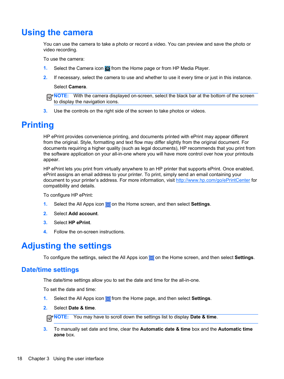 Using the camera, Printing, Adjusting the settings | Date/time settings, Using the camera printing adjusting the settings | HP Slate 21-s100 All-in-One User Manual | Page 24 / 40