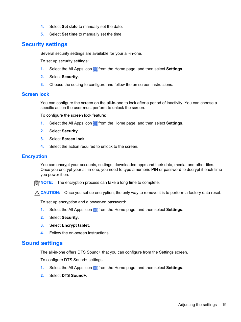 Security settings, Screen lock, Encryption | Sound settings, Screen lock encryption | HP Slate 21-s100 All-in-One User Manual | Page 25 / 40