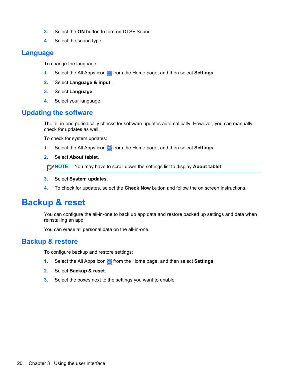 Language, Updating the software, Backup & reset | Backup & restore, Language updating the software | HP Slate 21-s100 All-in-One User Manual | Page 26 / 40