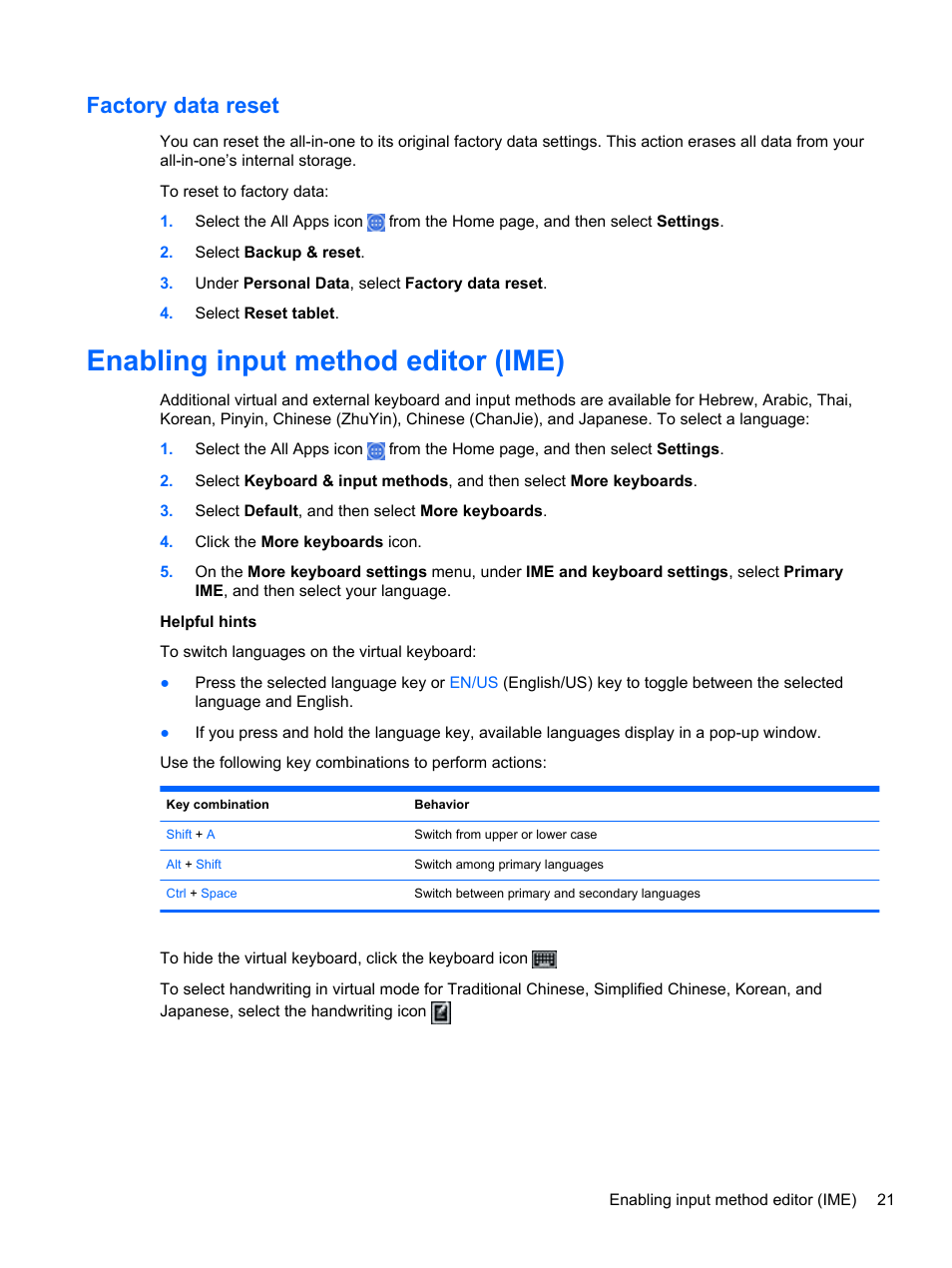 Factory data reset, Enabling input method editor (ime) | HP Slate 21-s100 All-in-One User Manual | Page 27 / 40