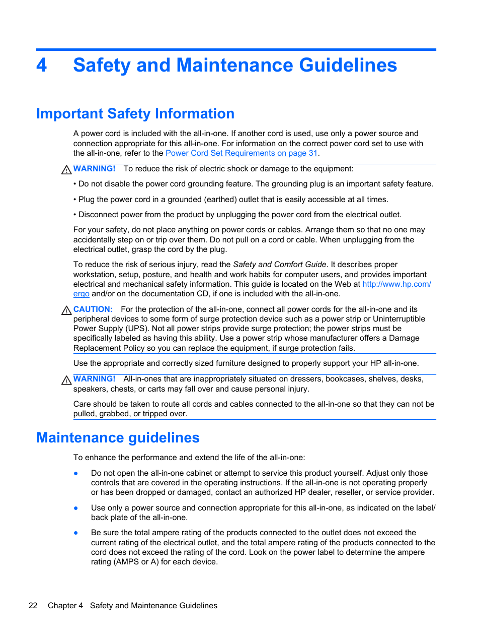 Safety and maintenance guidelines, Important safety information, Maintenance guidelines | 4 safety and maintenance guidelines, 4safety and maintenance guidelines | HP Slate 21-s100 All-in-One User Manual | Page 28 / 40