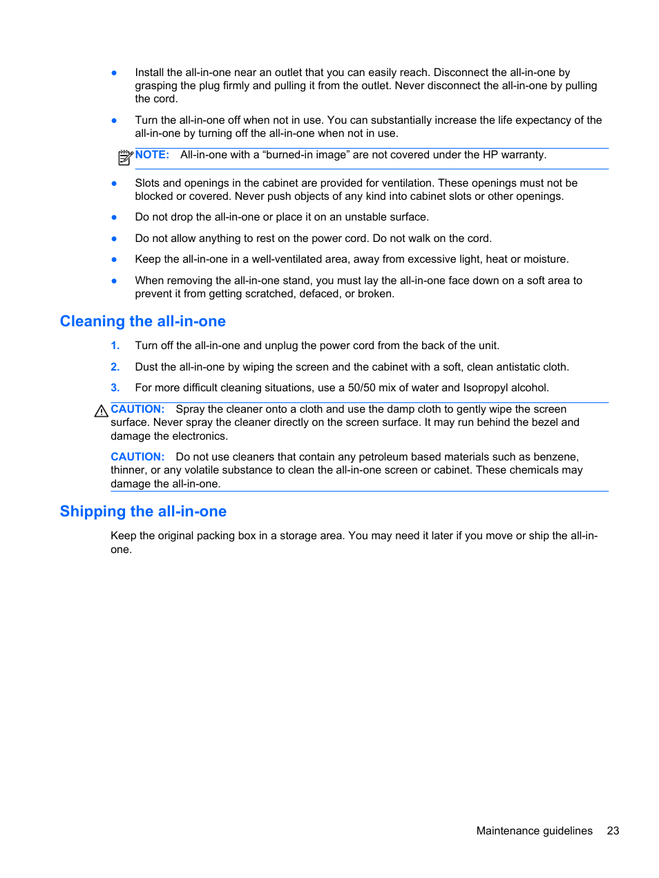 Cleaning the all-in-one, Shipping the all-in-one, Cleaning the all-in-one shipping the all-in-one | HP Slate 21-s100 All-in-One User Manual | Page 29 / 40