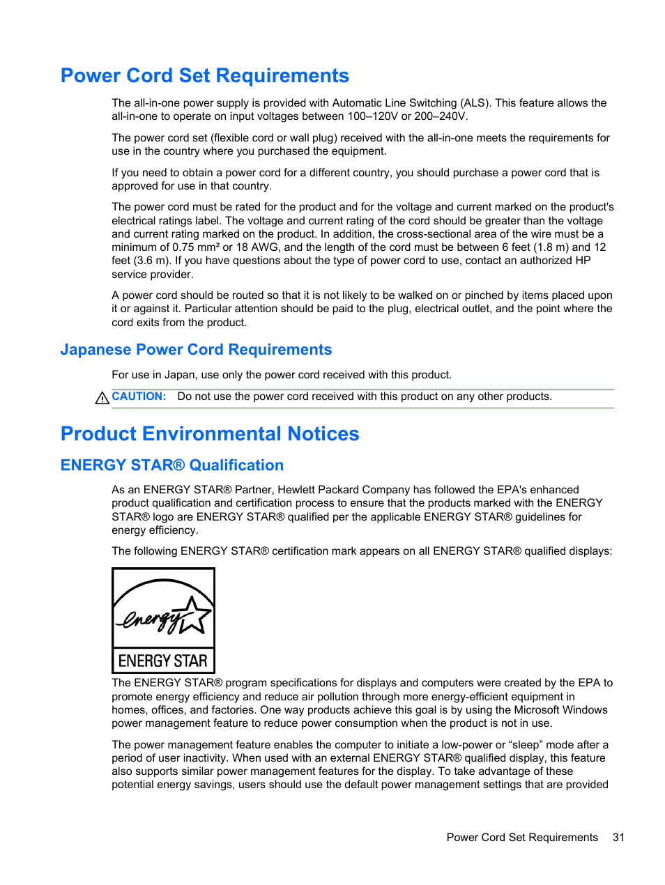 Power cord set requirements, Japanese power cord requirements, Product environmental notices | Energy star® qualification | HP Slate 21-s100 All-in-One User Manual | Page 37 / 40