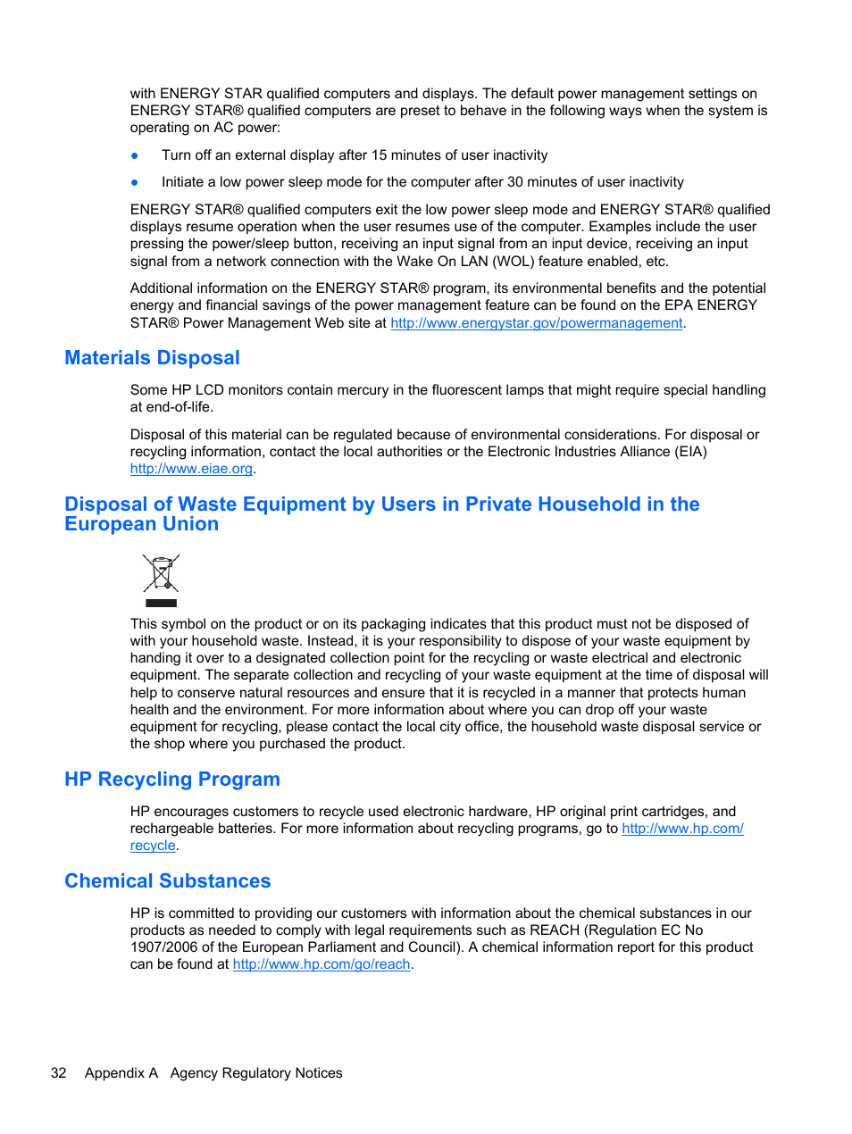 Materials disposal, Hp recycling program, Chemical substances | HP Slate 21-s100 All-in-One User Manual | Page 38 / 40