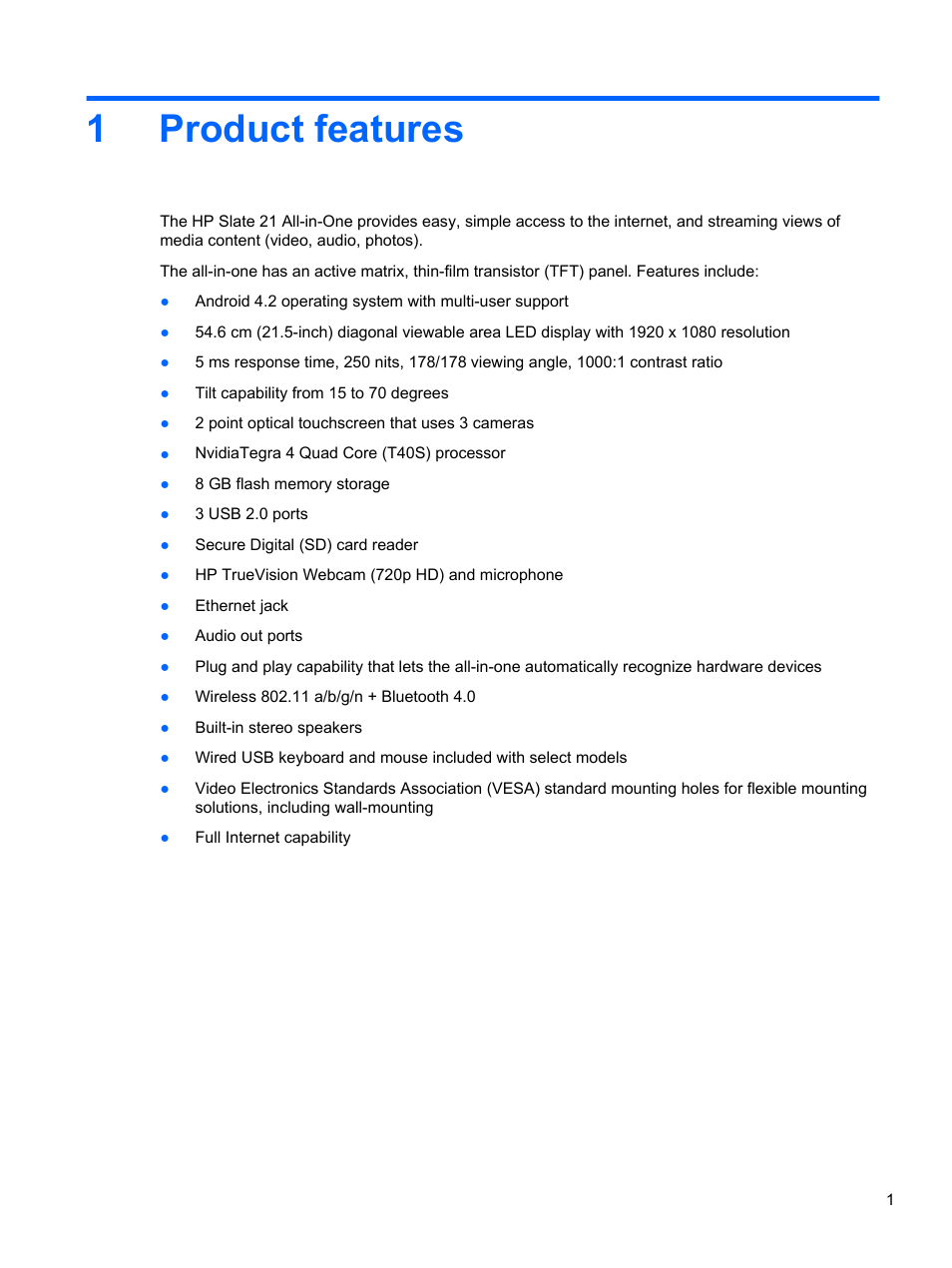 Product features, 1 product features, 1product features | HP Slate 21-s100 All-in-One User Manual | Page 7 / 40