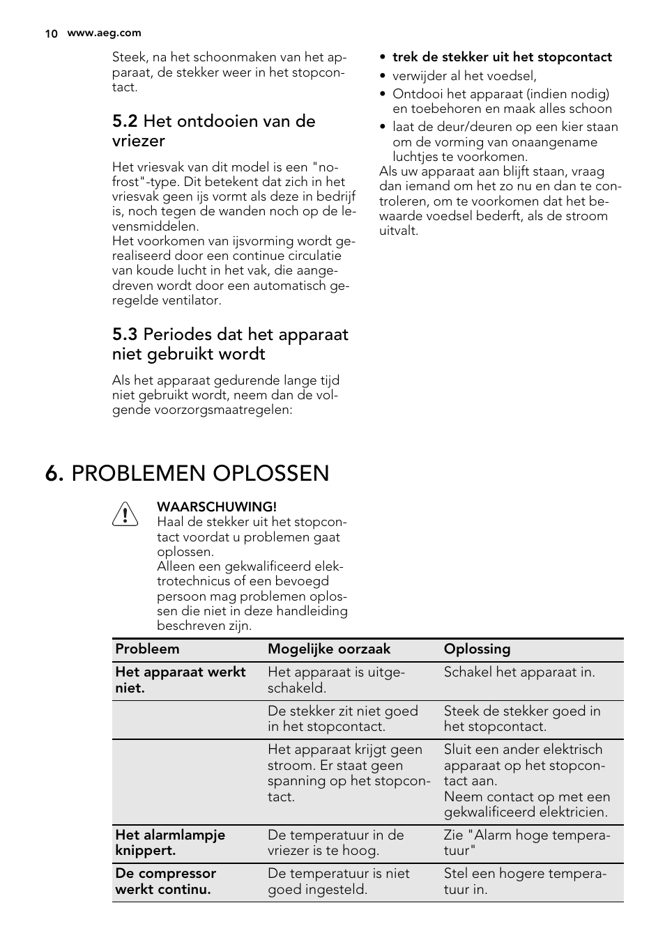 Problemen oplossen, 2 het ontdooien van de vriezer, 3 periodes dat het apparaat niet gebruikt wordt | AEG AGN71800F0 User Manual | Page 10 / 72