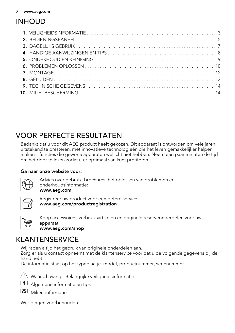 Inhoud, Voor perfecte resultaten, Klantenservice | AEG AGN71800F0 User Manual | Page 2 / 72