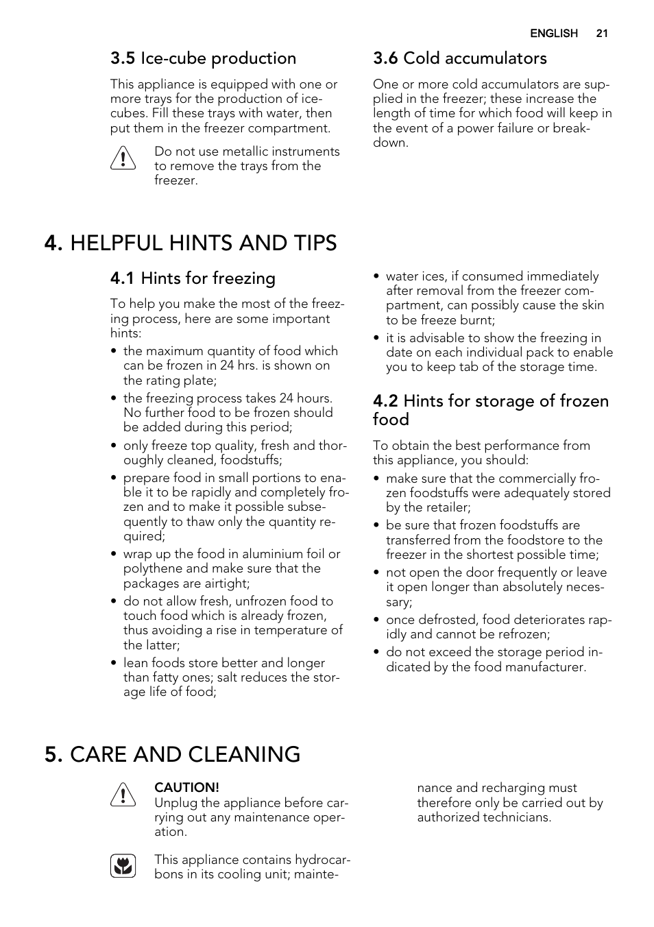 Helpful hints and tips, Care and cleaning, 5 ice-cube production | 6 cold accumulators, 1 hints for freezing, 2 hints for storage of frozen food | AEG AGN71800F0 User Manual | Page 21 / 72