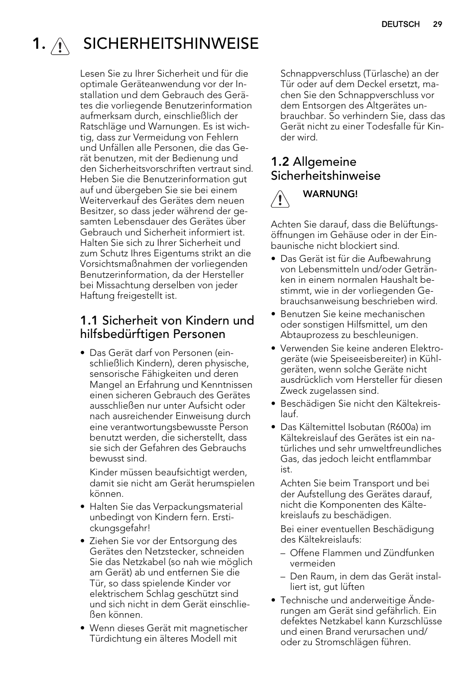 Sicherheitshinweise, 2 allgemeine sicherheitshinweise | AEG AGN71800F0 User Manual | Page 29 / 72