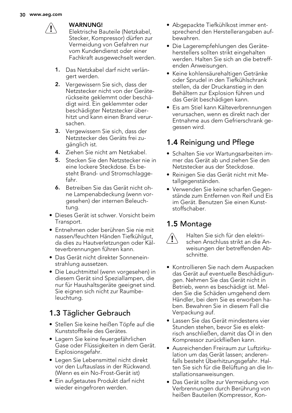 3 täglicher gebrauch, 4 reinigung und pflege, 5 montage | AEG AGN71800F0 User Manual | Page 30 / 72