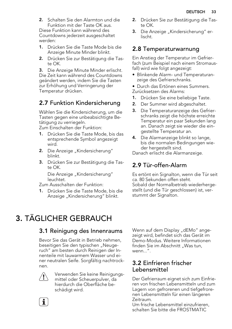 Täglicher gebrauch, 7 funktion kindersicherung, 8 temperaturwarnung | 9 tür-offen-alarm, 1 reinigung des innenraums, 2 einfrieren frischer lebensmittel | AEG AGN71800F0 User Manual | Page 33 / 72