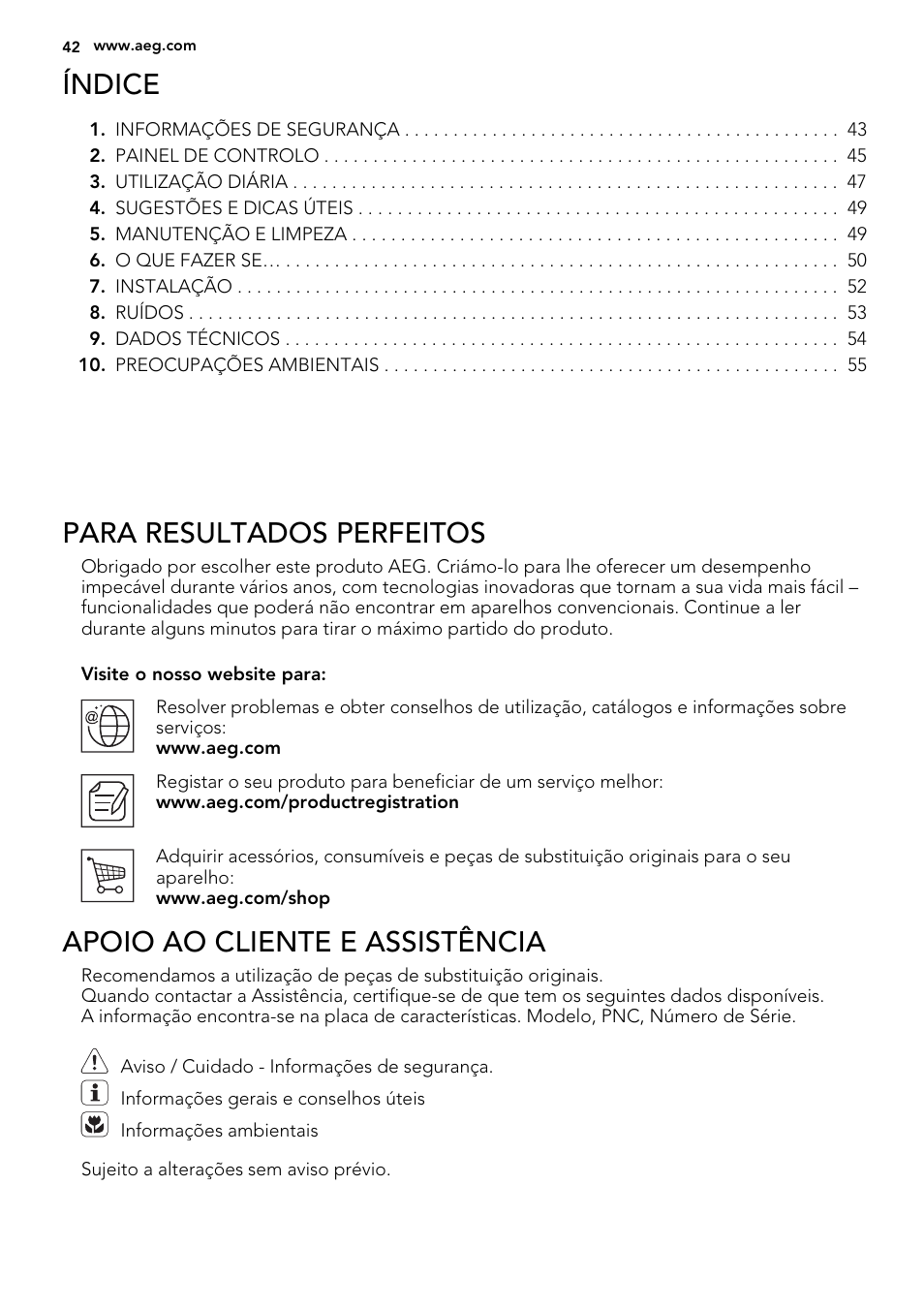 Índice, Para resultados perfeitos, Apoio ao cliente e assistência | AEG AGN71800F0 User Manual | Page 42 / 72