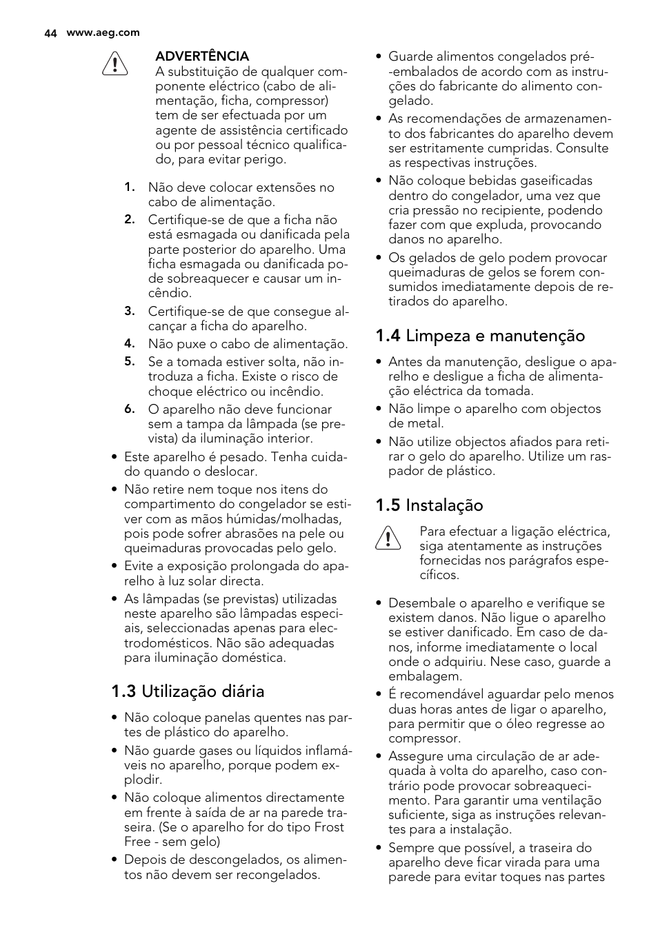 3 utilização diária, 4 limpeza e manutenção, 5 instalação | AEG AGN71800F0 User Manual | Page 44 / 72