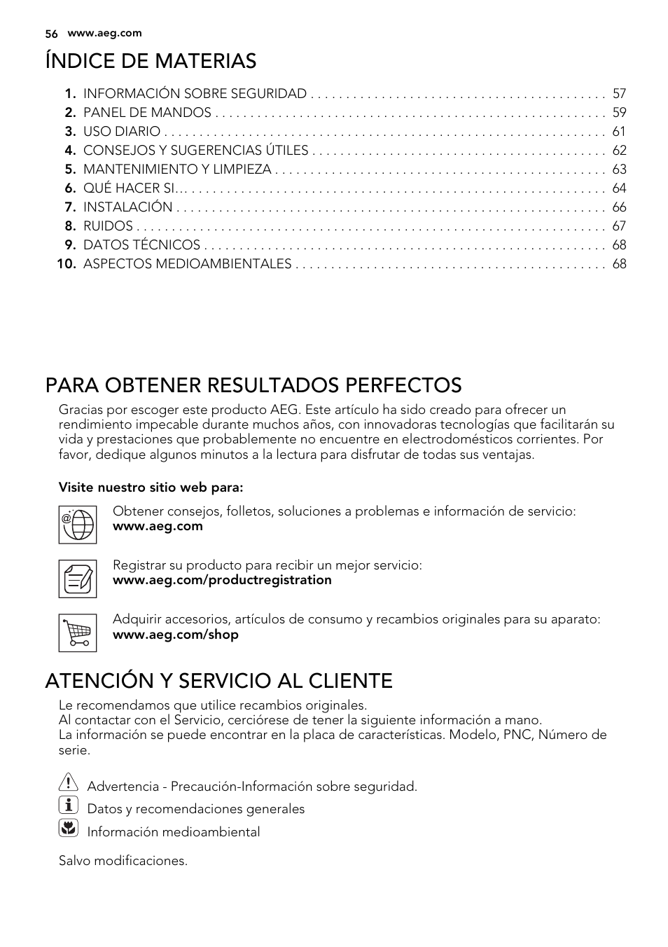 Índice de materias, Para obtener resultados perfectos, Atención y servicio al cliente | AEG AGN71800F0 User Manual | Page 56 / 72