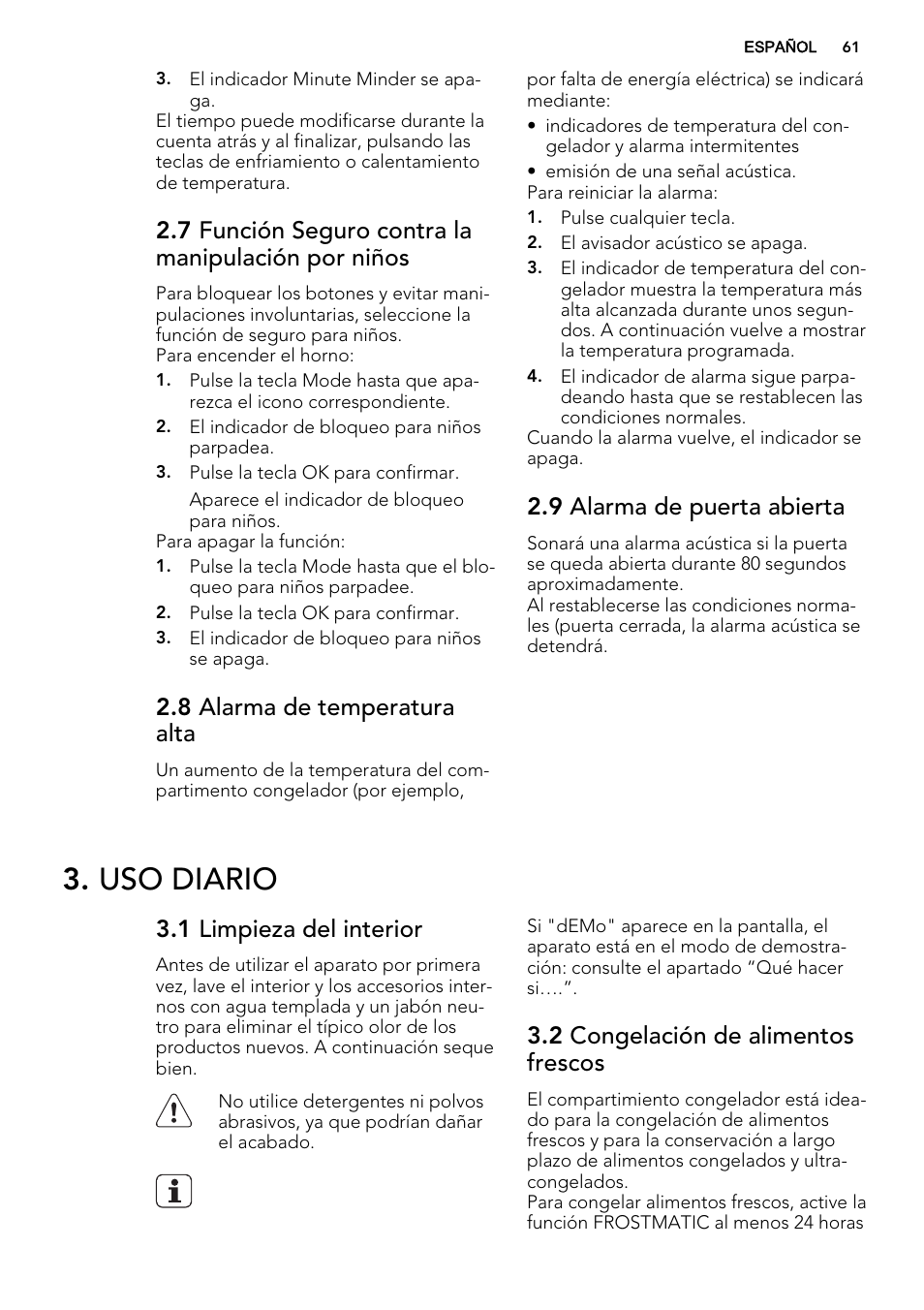 Uso diario, 7 función seguro contra la manipulación por niños, 8 alarma de temperatura alta | 9 alarma de puerta abierta, 1 limpieza del interior, 2 congelación de alimentos frescos | AEG AGN71800F0 User Manual | Page 61 / 72