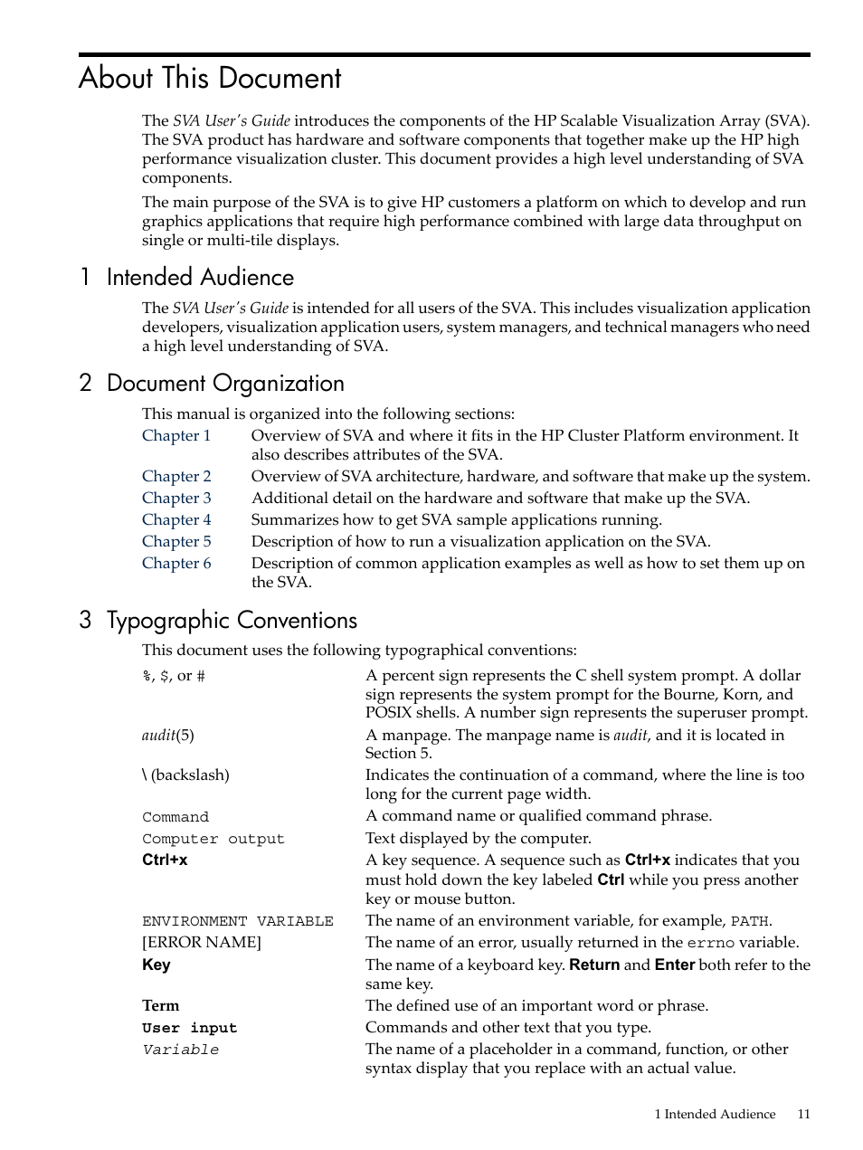 About this document, 1 intended audience, 2 document organization | 3 typographic conventions | HP Scalable Visualization Array Software User Manual | Page 11 / 68