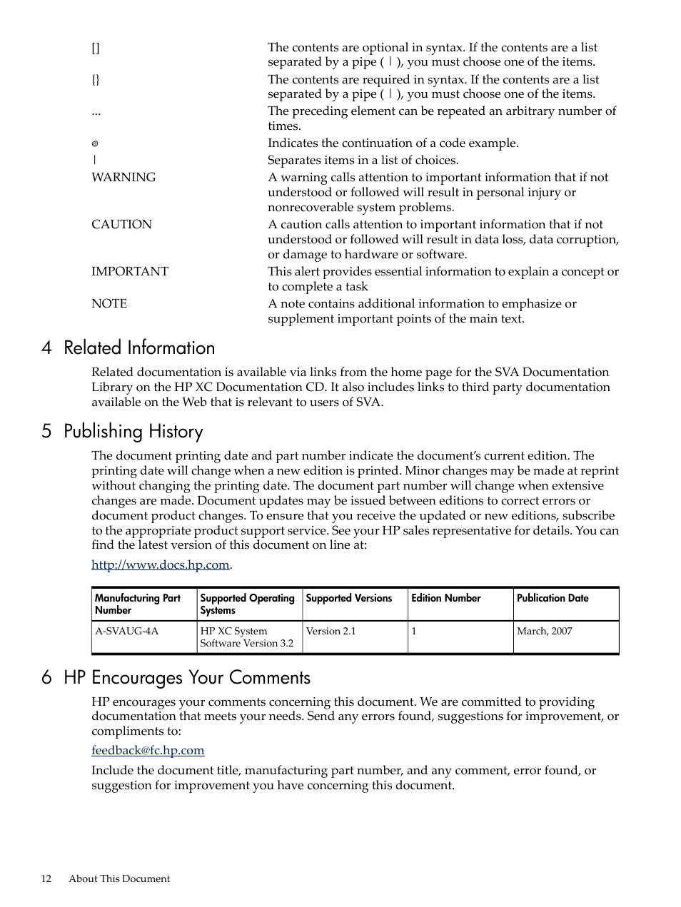 4 related information, 5 publishing history, 6 hp encourages your comments | HP Scalable Visualization Array Software User Manual | Page 12 / 68