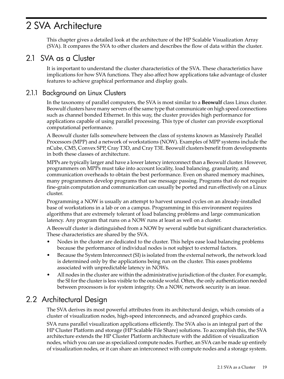 2 sva architecture, 1 sva as a cluster, 1 background on linux clusters | 2 architectural design, Chapter 2 | HP Scalable Visualization Array Software User Manual | Page 19 / 68