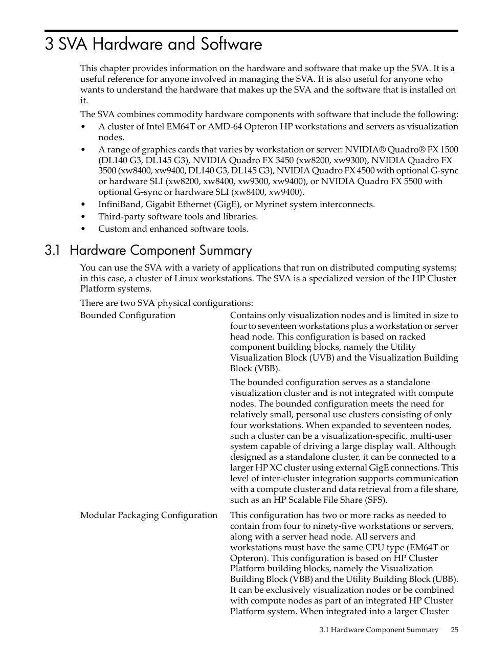 3 sva hardware and software, 1 hardware component summary, Chapter 3 | HP Scalable Visualization Array Software User Manual | Page 25 / 68