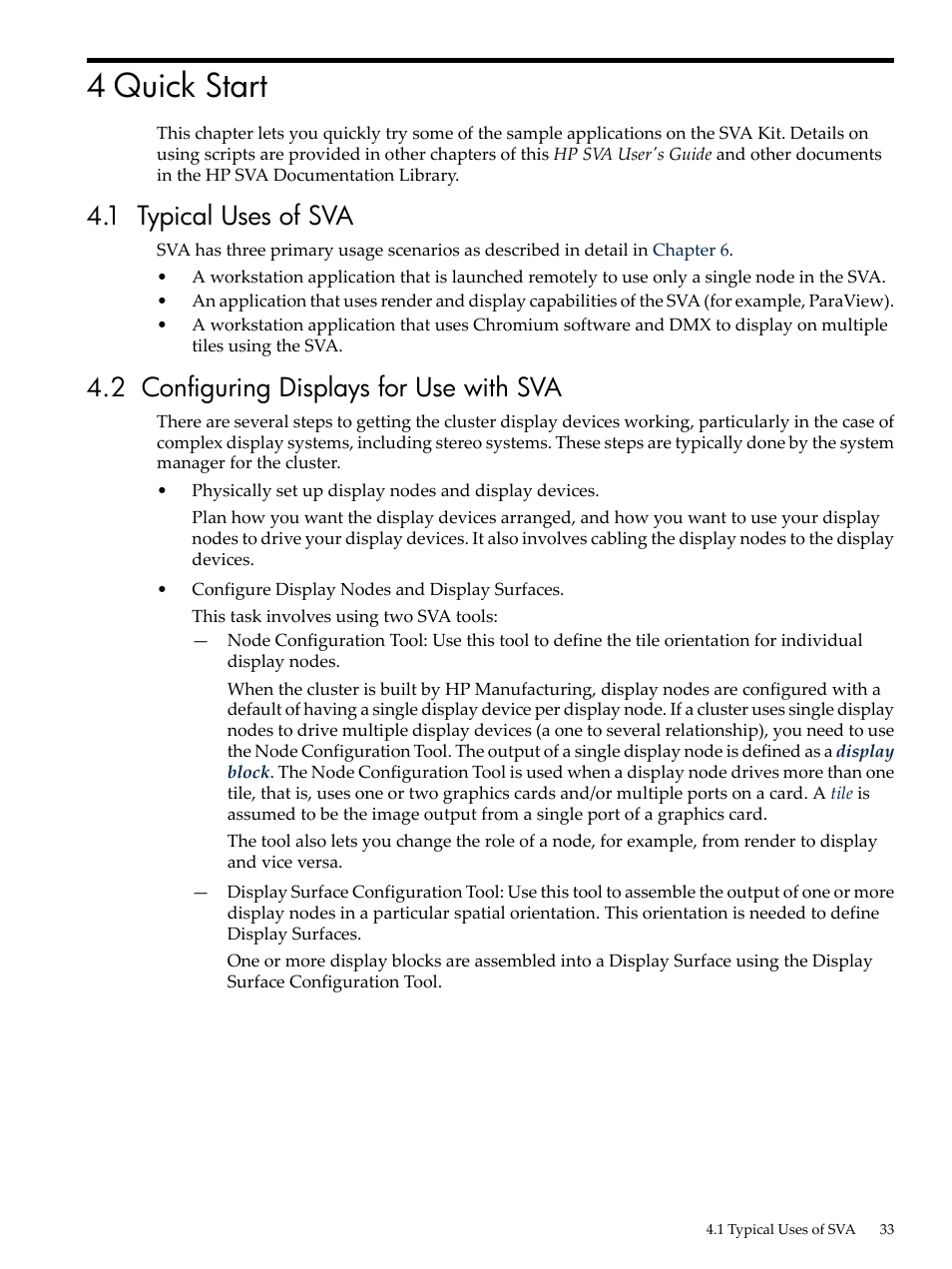 4 quick start, 1 typical uses of sva, 2 configuring displays for use with sva | Chapter 4 | HP Scalable Visualization Array Software User Manual | Page 33 / 68