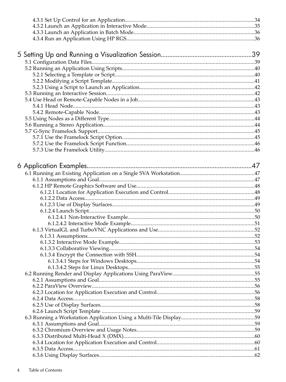 5 setting up and running a visualization session, 6 application examples | HP Scalable Visualization Array Software User Manual | Page 4 / 68