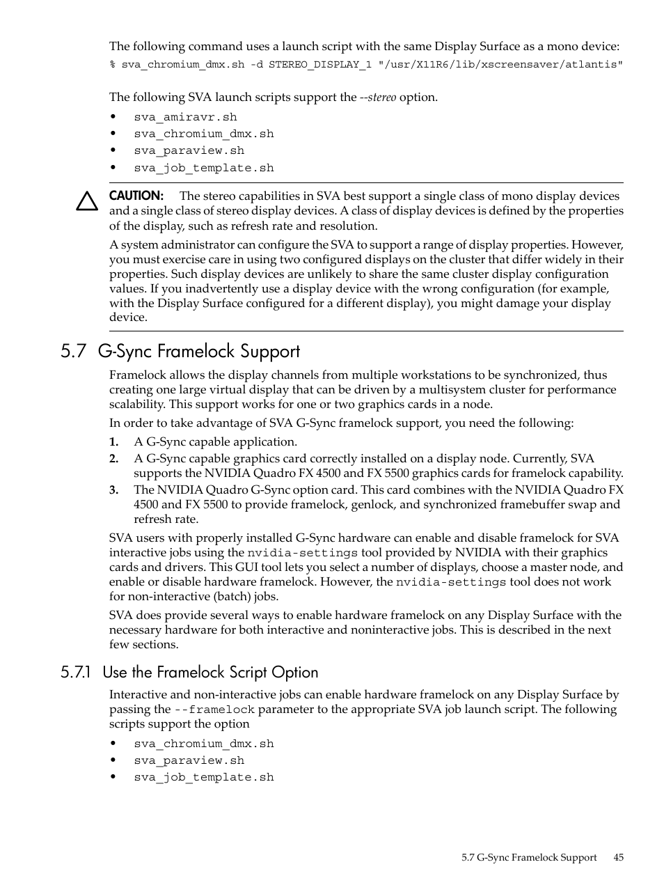 7 g-sync framelock support, 1 use the framelock script option | HP Scalable Visualization Array Software User Manual | Page 45 / 68