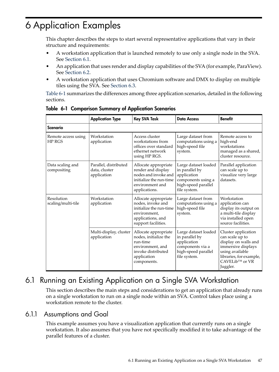 6 application examples, 1 assumptions and goal, Comparison summary of application scenarios | Chapter 6 | HP Scalable Visualization Array Software User Manual | Page 47 / 68