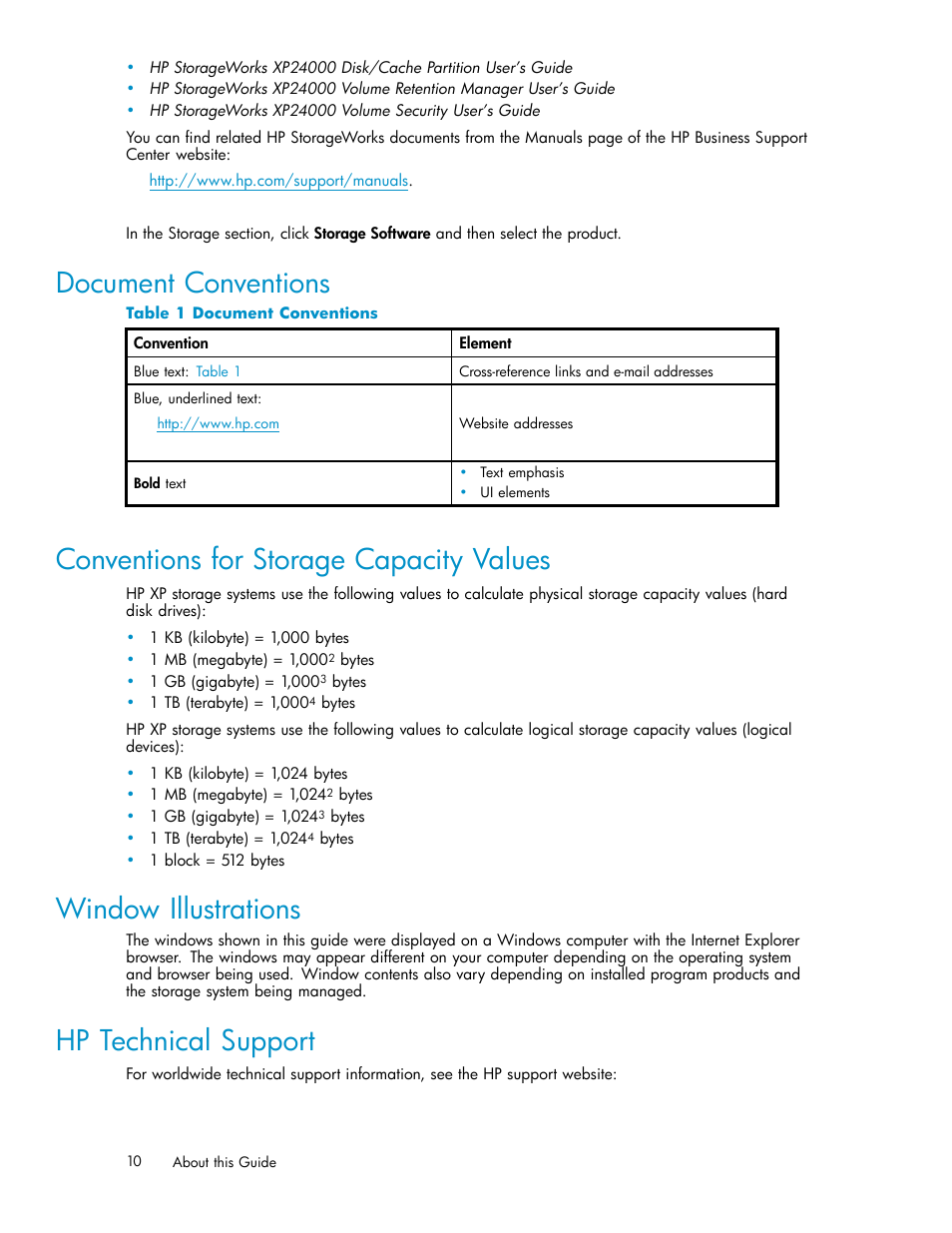 Document conventions, Conventions for storage capacity values, Window illustrations | Hp technical support | HP XP Array Manager Software User Manual | Page 10 / 105