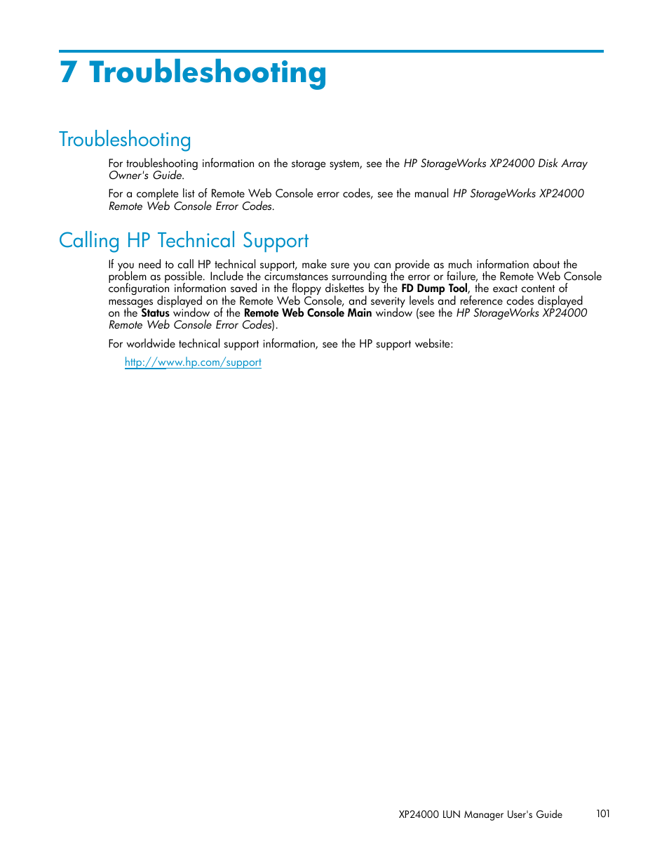 7 troubleshooting, Troubleshooting, Calling hp technical support | HP XP Array Manager Software User Manual | Page 101 / 105