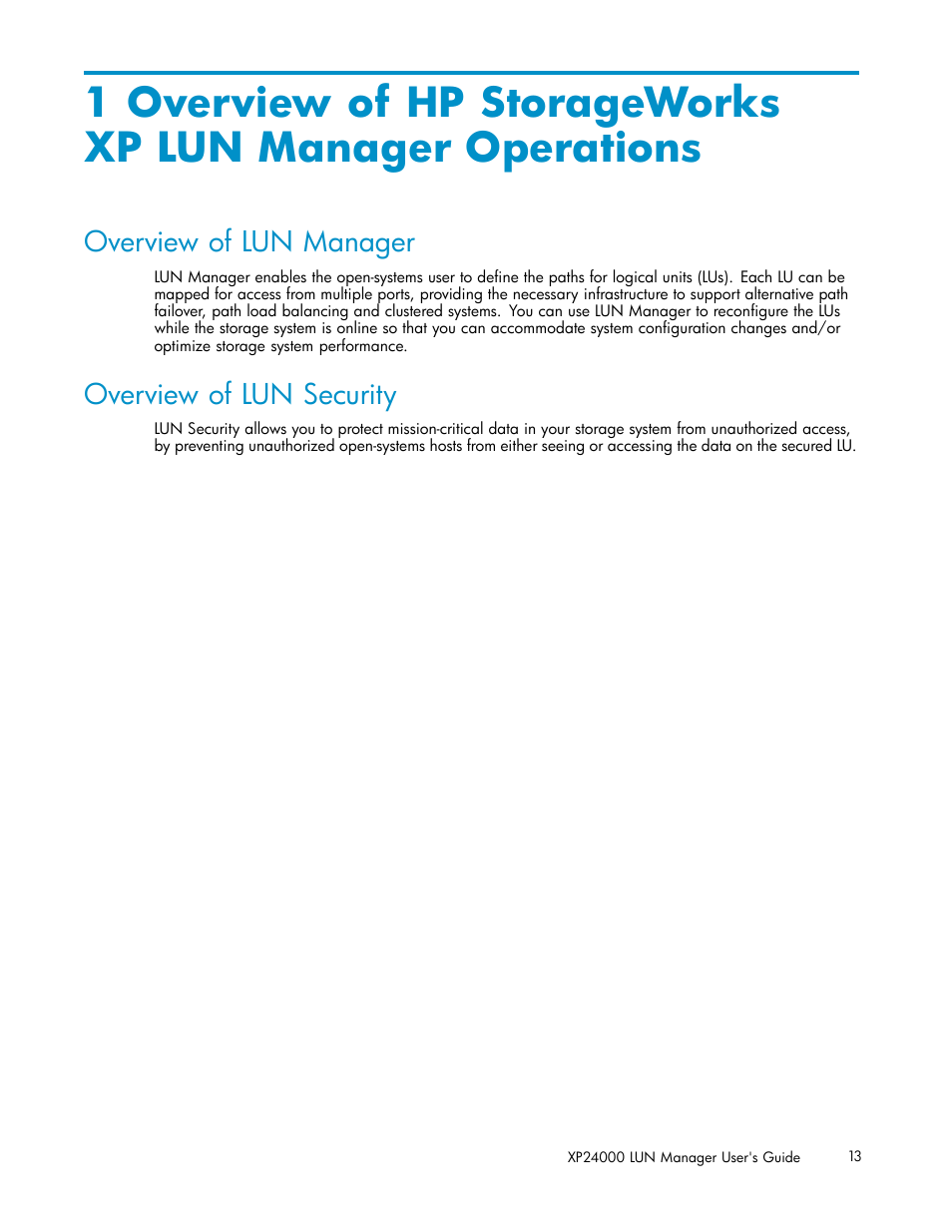 Overview of lun manager, Overview of lun security | HP XP Array Manager Software User Manual | Page 13 / 105