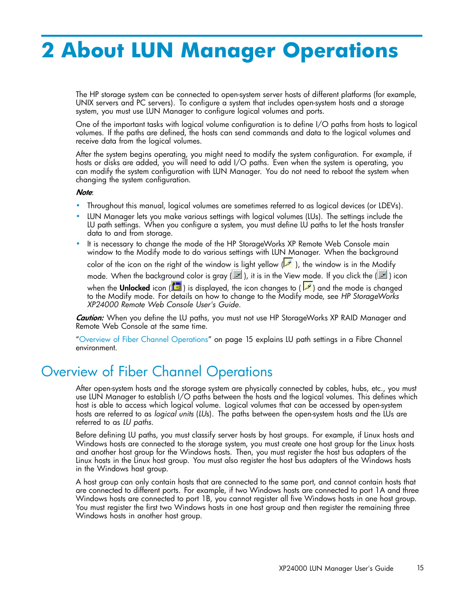 2 about lun manager operations, Overview of fiber channel operations | HP XP Array Manager Software User Manual | Page 15 / 105