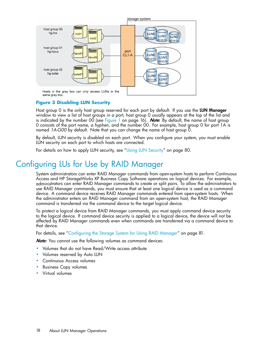 Conﬁguring lus for use by raid manager, 3 disabling lun security | HP XP Array Manager Software User Manual | Page 18 / 105