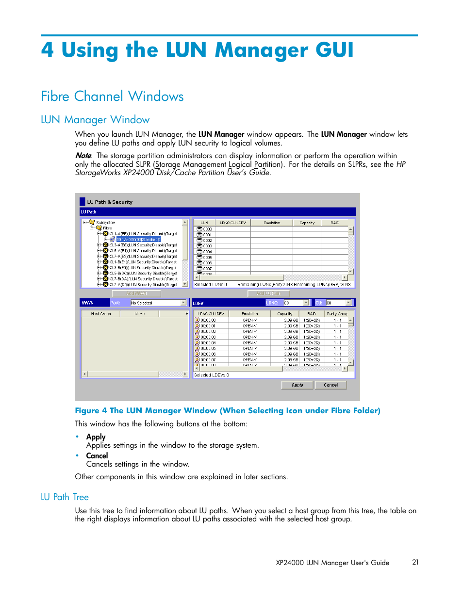 4 using the lun manager gui, Fibre channel windows, Lun manager window | Lu path tree | HP XP Array Manager Software User Manual | Page 21 / 105