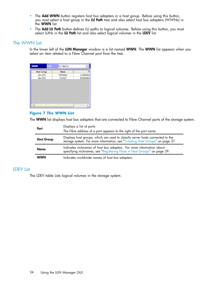 The wwn list, Ldev list, 7 the wwn list | HP XP Array Manager Software User Manual | Page 24 / 105