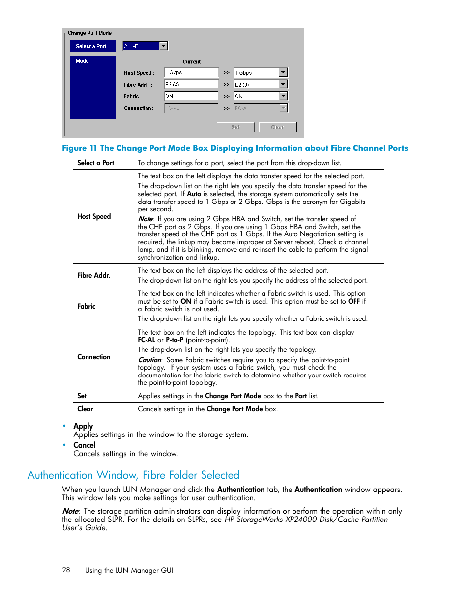 Authentication window, fibre folder selected | HP XP Array Manager Software User Manual | Page 28 / 105