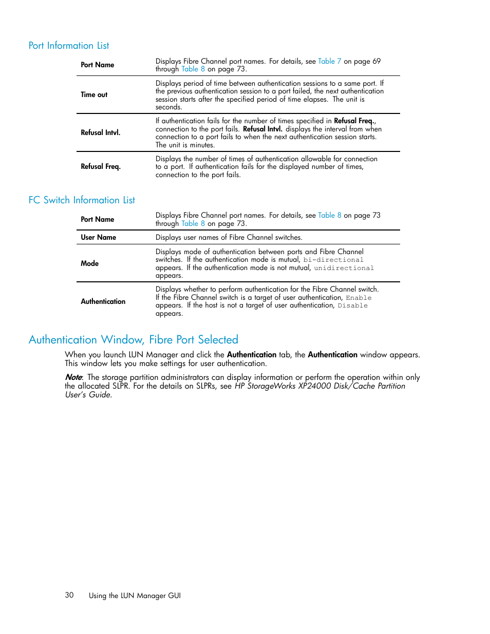 Port information list, Fc switch information list, Authentication window, fibre port selected | HP XP Array Manager Software User Manual | Page 30 / 105