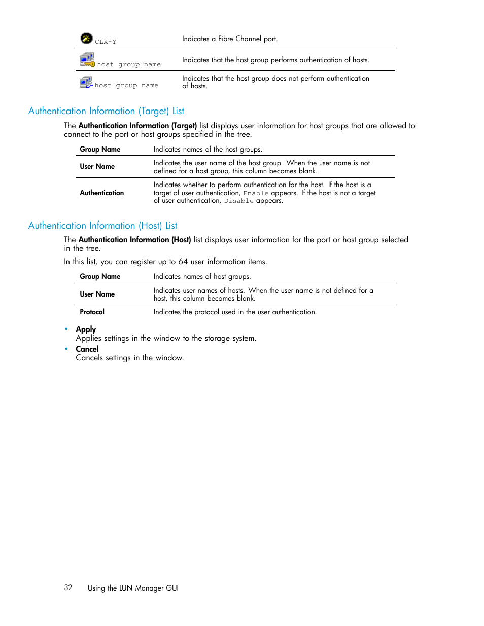 Authentication information (target) list, Authentication information (host) list | HP XP Array Manager Software User Manual | Page 32 / 105