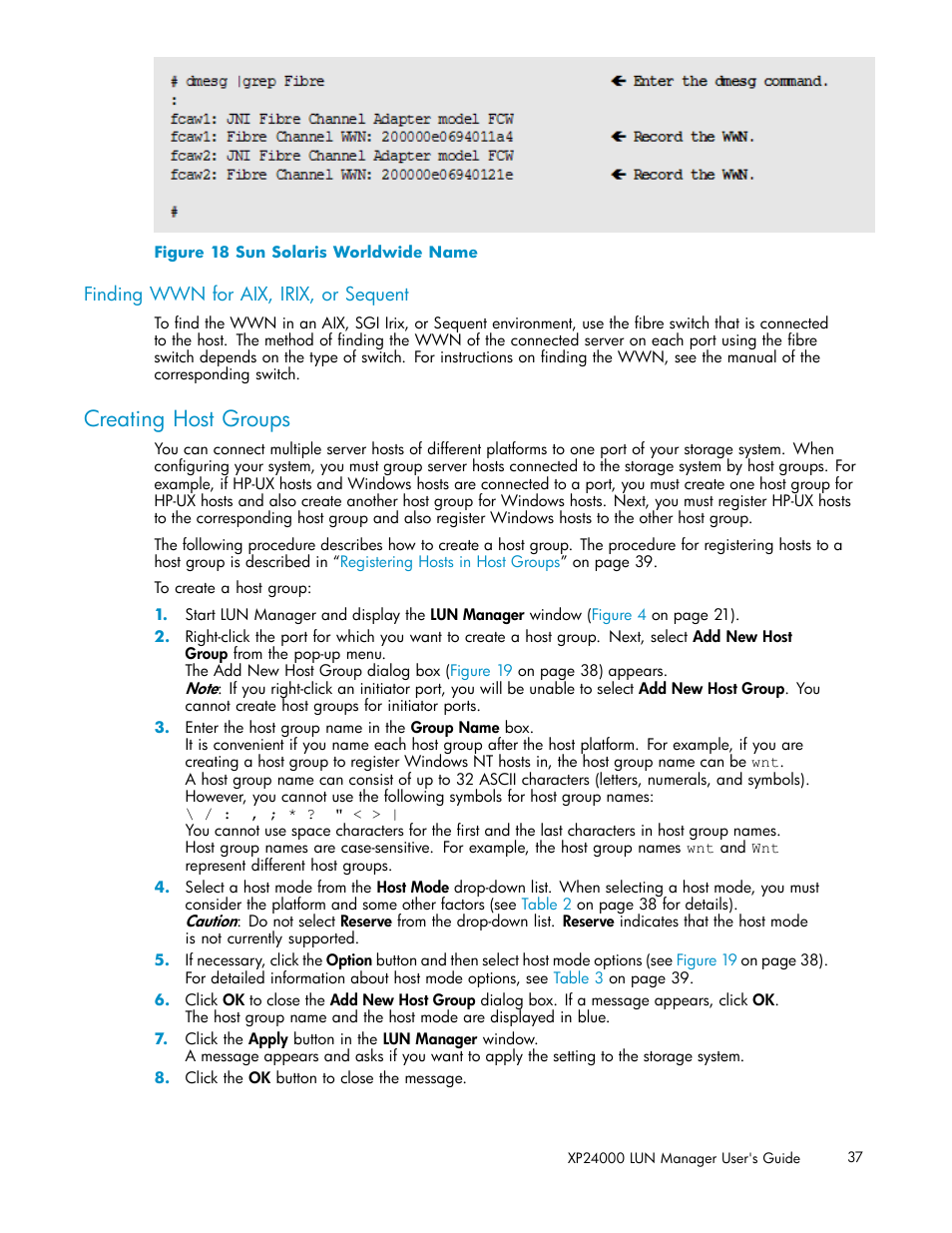 Finding wwn for aix, irix, or sequent, Creating host groups, 18 sun solaris worldwide name | HP XP Array Manager Software User Manual | Page 37 / 105