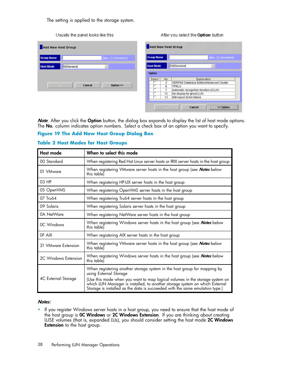 19 the add new host group dialog box, Host modes for host groups, Table 2 | Figure 19 | HP XP Array Manager Software User Manual | Page 38 / 105