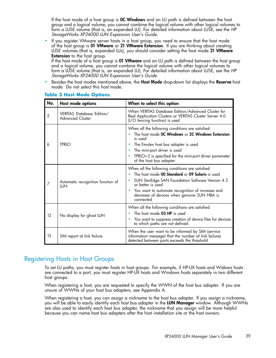 Registering hosts in host groups, Host mode options, Table 3 | HP XP Array Manager Software User Manual | Page 39 / 105