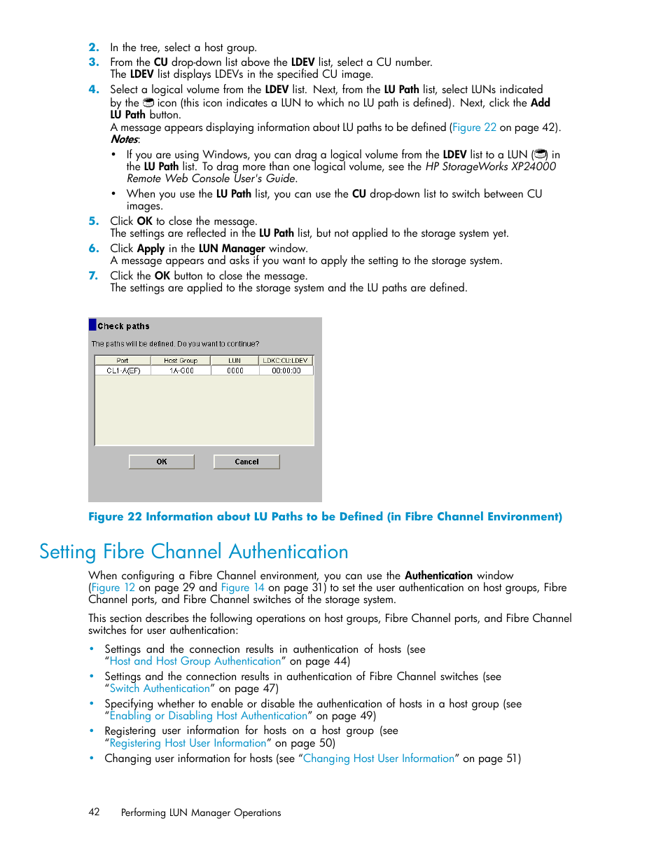 Setting fibre channel authentication | HP XP Array Manager Software User Manual | Page 42 / 105