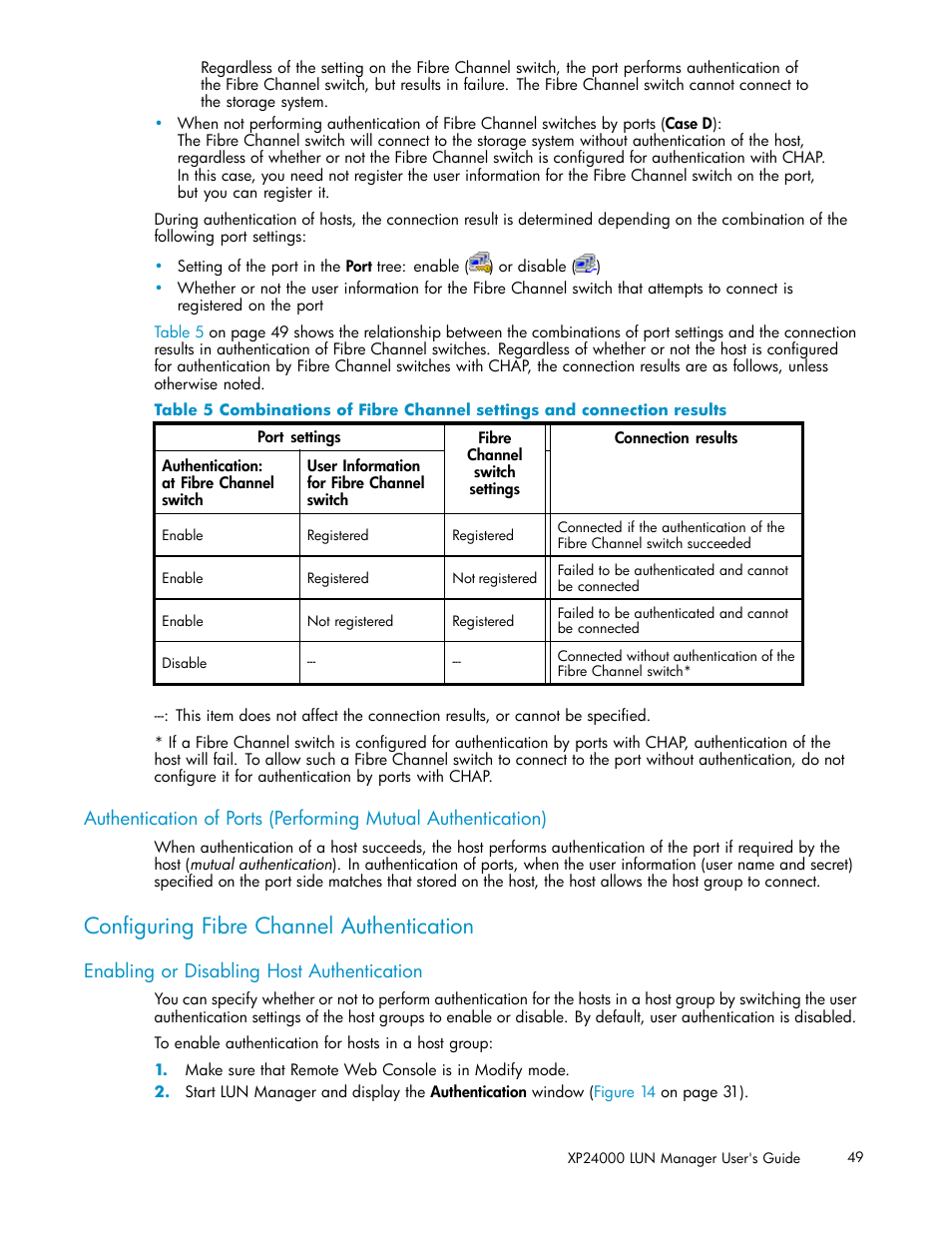 Conﬁguring fibre channel authentication, Enabling or disabling host authentication | HP XP Array Manager Software User Manual | Page 49 / 105