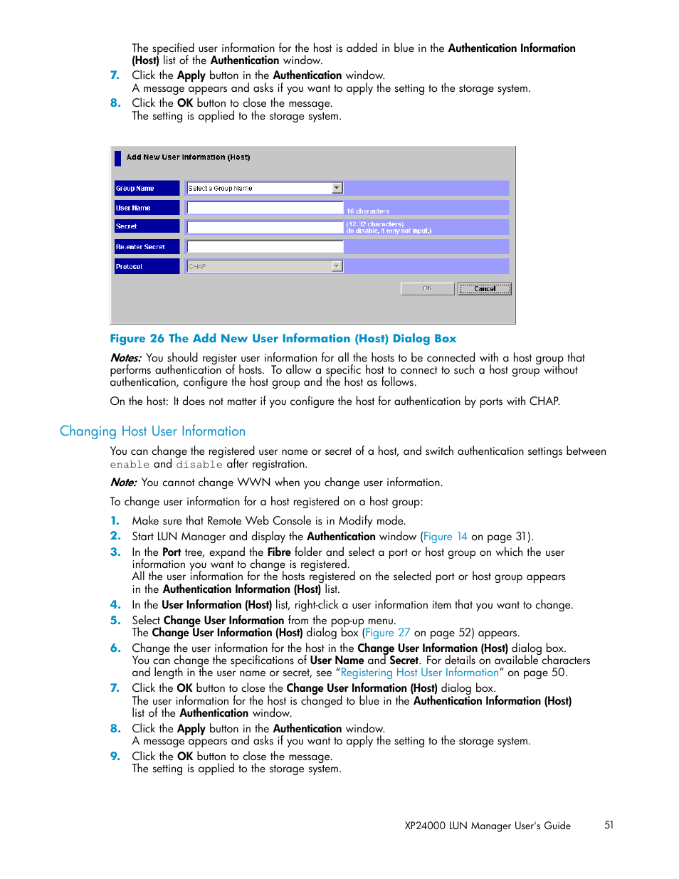 Changing host user information, 26 the add new user information (host) dialog box, Figure 26 | HP XP Array Manager Software User Manual | Page 51 / 105