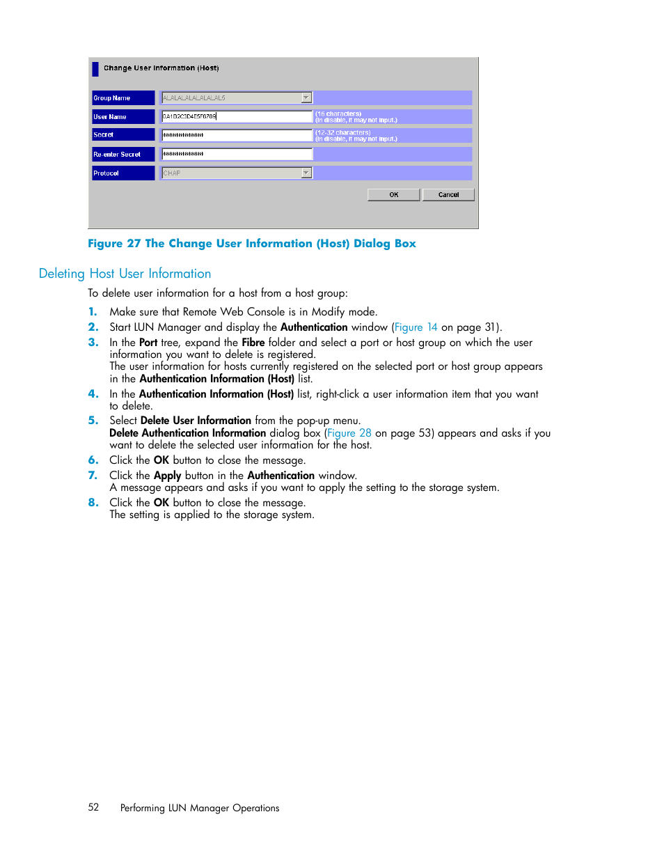 Deleting host user information, 27 the change user information (host) dialog box, Figure 27 | HP XP Array Manager Software User Manual | Page 52 / 105