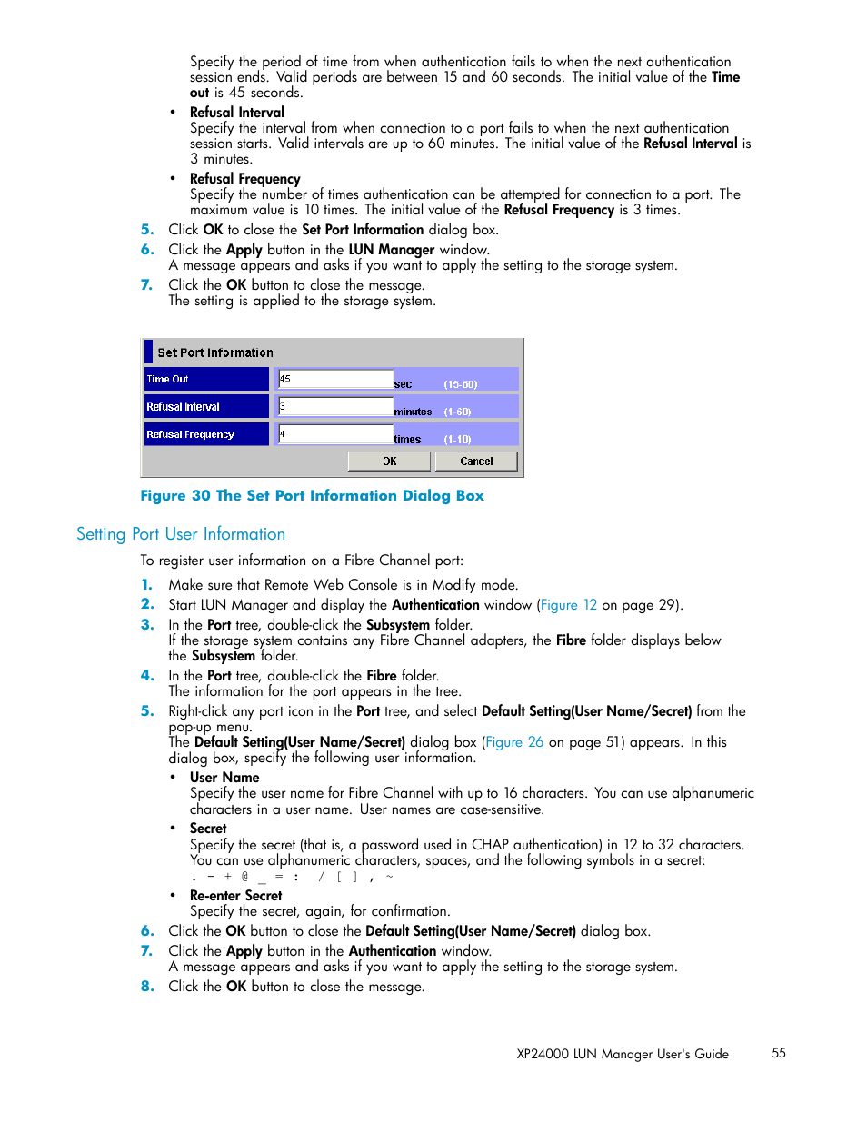 Setting port user information, 30 the set port information dialog box | HP XP Array Manager Software User Manual | Page 55 / 105