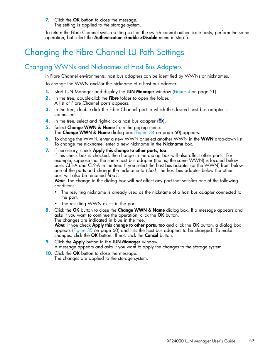 Changing the fibre channel lu path settings, Changing wwns and nicknames of host bus adapters | HP XP Array Manager Software User Manual | Page 59 / 105