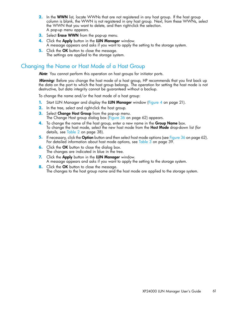 Changing the name or host mode of a host group | HP XP Array Manager Software User Manual | Page 61 / 105