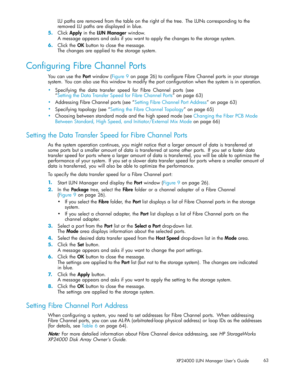 Conﬁguring fibre channel ports, Setting fibre channel port address | HP XP Array Manager Software User Manual | Page 63 / 105