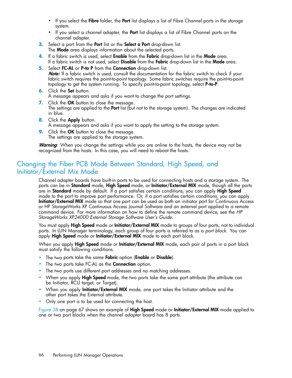 Changing the fiber pcb mode, Ge 66 | HP XP Array Manager Software User Manual | Page 66 / 105