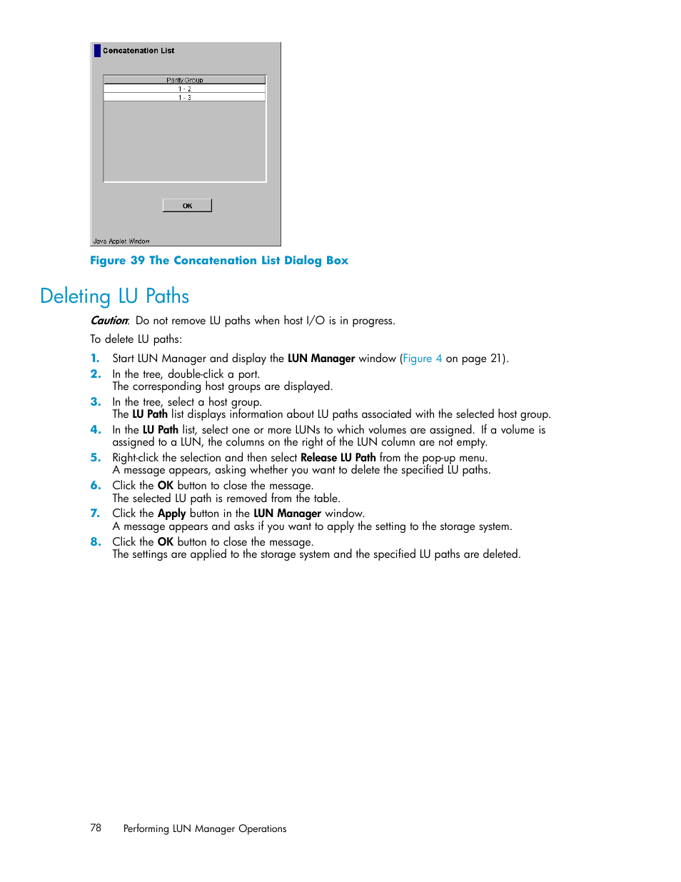 Deleting lu paths, 39 the concatenation list dialog box, Figure 39 | HP XP Array Manager Software User Manual | Page 78 / 105